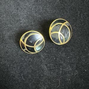 Monet Gold Tone Black Enamel Round Swirl Geometric Design Clip on Earrings